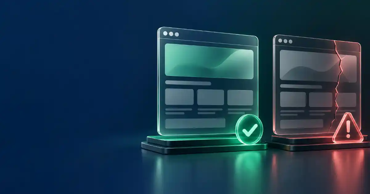 Dos ventanas web casi idénticas, una auténtica con check verde y otra falsa con advertencia