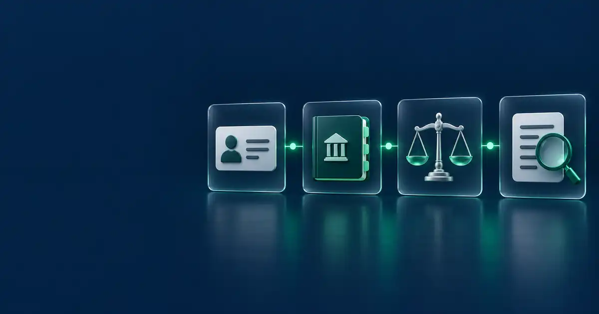 Cuatro paneles conectados que representan la verificación de identidad, registro oficial, protección y documentación de un broker