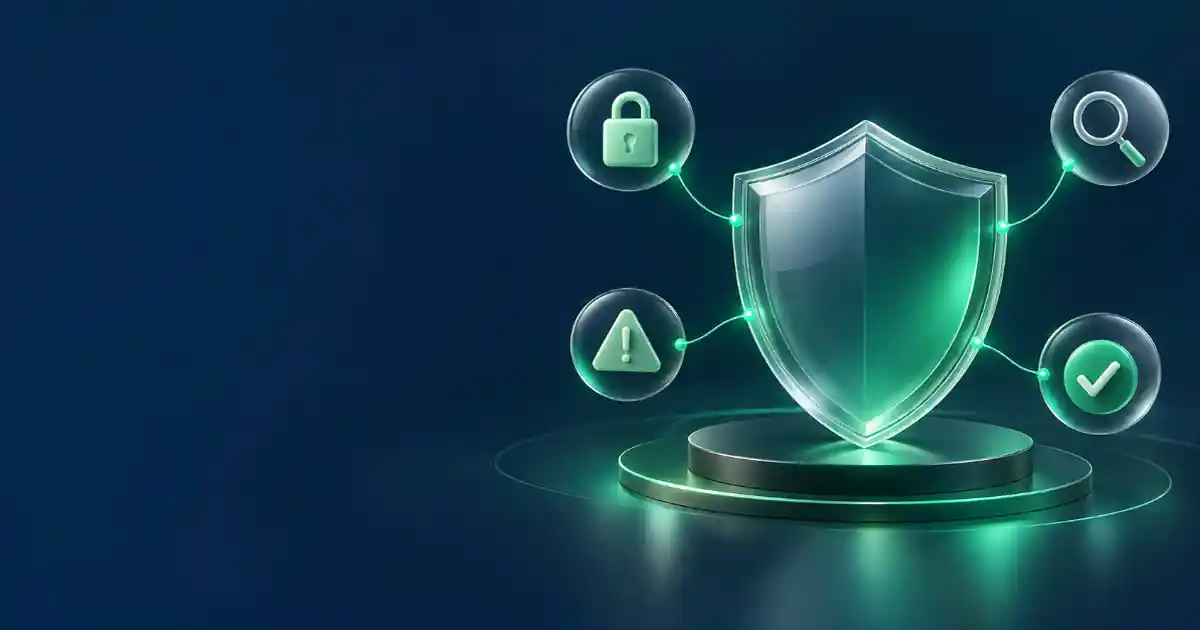 Escudo de cristal rodeado de iconos de candado, lupa, advertencia y verificación